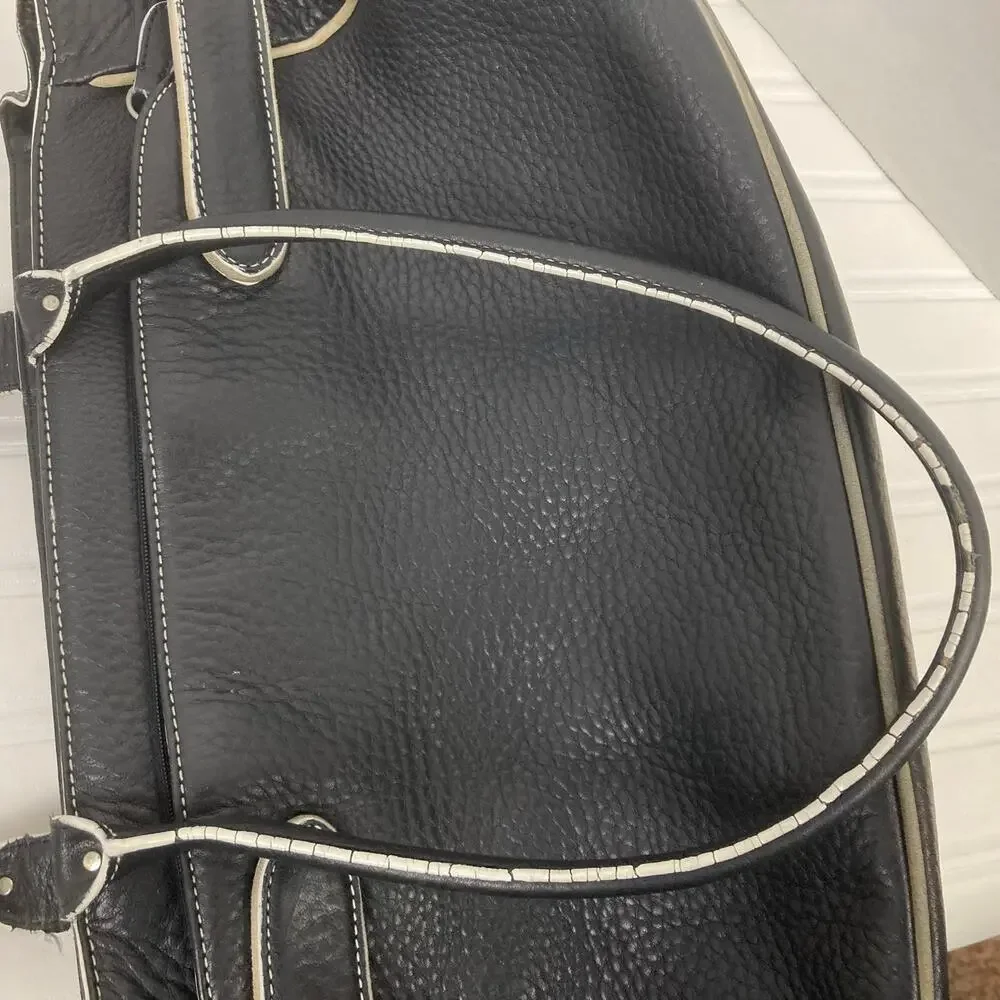 Cole Haan Village Pebbled Leather Bag Black White Trim Buckle Satchel Lined Teal